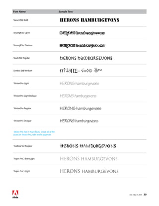 Font Name Sample Text 
v1.3 • May 14 2014 30 
Stencil Std Bold HERONS hamburgevons 
Strumpf Std Open HERONS hamburgevons 
Strumpf Std Contour HERONS hamburgevons 
Studz Std Regular HERONS hamburgevons 
Symbol Std Medium Ω↑↓∂ΠΣ− √∞◊ 
Tekton Pro Light HERONS hamburgevons 
Tekton Pro Light Oblique HERONS hamburgevons 
Tekton Pro Regular HERONS hamburgevons 
Tekton Pro Oblique HERONS hamburgevons 
Tekton Pro has 14 more faces. To see all of the 
faces for Tekton Pro, refer to the appendix 
Toolbox Std Regular HERONS hamburgevons 
Trajan Pro 3 ExtraLight HERONS hamburgevons 
Trajan Pro 3 Light HERONS hamburgevons 
 