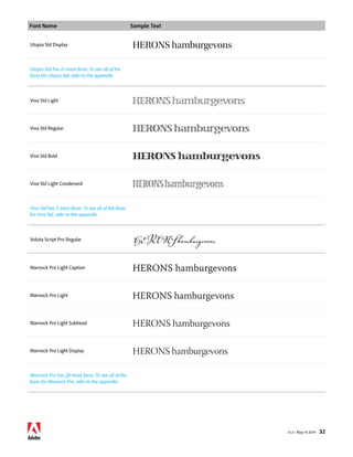 Font Name Sample Text 
v1.3 • May 14 2014 32 
Utopia Std Display HERONS hamburgevons 
Utopia Std has 21 more faces. To see all of the 
faces for Utopia Std, refer to the appendix 
Viva Std Light HERONS hamburgevons 
Viva Std Regular HERONS hamburgevons 
Viva Std Bold HERONS hamburgevons 
Viva Std Light Condensed HERONS hamburgevons 
Viva Std has 5 more faces. To see all of the faces 
for Viva Std, refer to the appendix 
Voluta Script Pro Regular HERONS hamburgevons 
Warnock Pro Light Caption HERONS hamburgevons 
Warnock Pro Light HERONS hamburgevons 
Warnock Pro Light Subhead HERONS hamburgevons 
Warnock Pro Light Display HERONS hamburgevons 
Warnock Pro has 28 more faces. To see all of the 
faces for Warnock Pro, refer to the appendix 
 
