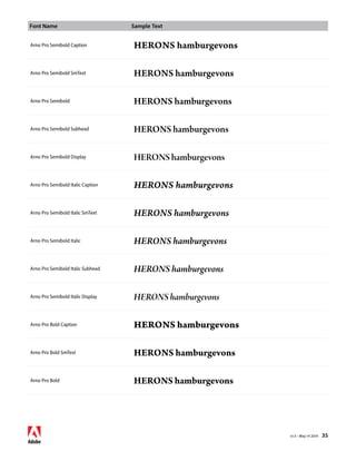 Font Name Sample Text 
v1.3 • May 14 2014 35 
Arno Pro Semibold Caption HERONS hamburgevons 
Arno Pro Semibold SmText HERONS hamburgevons 
Arno Pro Semibold HERONS hamburgevons 
Arno Pro Semibold Subhead HERONS hamburgevons 
Arno Pro Semibold Display HERONS hamburgevons 
Arno Pro Semibold Italic Caption HERONS hamburgevons 
Arno Pro Semibold Italic SmText HERONS hamburgevons 
Arno Pro Semibold Italic HERONS hamburgevons 
Arno Pro Semibold Italic Subhead HERONS hamburgevons 
Arno Pro Semibold Italic Display HERONS hamburgevons 
Arno Pro Bold Caption HERONS hamburgevons 
Arno Pro Bold SmText HERONS hamburgevons 
Arno Pro Bold HERONS hamburgevons 
 