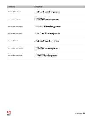 Font Name Sample Text 
v1.3 • May 14 2014 36 
Arno Pro Bold Subhead HERONS hamburgevons 
Arno Pro Bold Display HERONS hamburgevons 
Arno Pro Bold Italic Caption HERONS hamburgevons 
Arno Pro Bold Italic SmText HERONS hamburgevons 
Arno Pro Bold Italic HERONS hamburgevons 
Arno Pro Bold Italic Subhead HERONS hamburgevons 
Arno Pro Bold Italic Display HERONS hamburgevons 
 