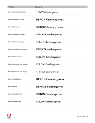 Font Name Sample Text 
v1.3 • May 14 2014 40 
Brioso Pro Medium Italic Display HERONS hamburgevons 
Brioso Pro Semibold Caption HERONS hamburgevons 
Brioso Pro Semibold HERONS hamburgevons 
Brioso Pro Semibold Subhead HERONS hamburgevons 
Brioso Pro Semibold Display HERONS hamburgevons 
Brioso Pro Semibold Italic Caption HERONS hamburgevons 
Brioso Pro Semibold Italic HERONS hamburgevons 
Brioso Pro Semibold Italic Subhead HERONS hamburgevons 
Brioso Pro Semibold Italic Display HERONS hamburgevons 
Brioso Pro Bold Caption HERONS hamburgevons 
Brioso Pro Bold HERONS hamburgevons 
Brioso Pro Bold Subhead HERONS hamburgevons 
Brioso Pro Bold Display HERONS hamburgevons 
 