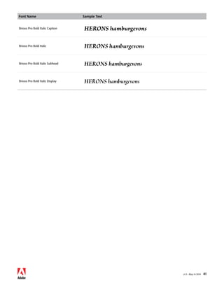 Font Name Sample Text 
v1.3 • May 14 2014 41 
Brioso Pro Bold Italic Caption HERONS hamburgevons 
Brioso Pro Bold Italic HERONS hamburgevons 
Brioso Pro Bold Italic Subhead HERONS hamburgevons 
Brioso Pro Bold Italic Display HERONS hamburgevons 
 
