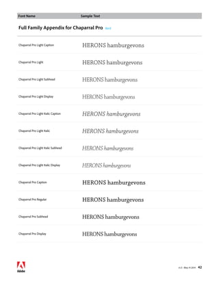 Font Name Sample Text 
v1.3 • May 14 2014 42 
Full Family Appendix for Chaparral Pro Back 
Chaparral Pro Light Caption HERONS hamburgevons 
Chaparral Pro Light HERONS hamburgevons 
Chaparral Pro Light Subhead HERONS hamburgevons 
Chaparral Pro Light Display HERONS hamburgevons 
Chaparral Pro Light Italic Caption HERONS hamburgevons 
Chaparral Pro Light Italic HERONS hamburgevons 
Chaparral Pro Light Italic Subhead HERONS hamburgevons 
Chaparral Pro Light Italic Display HERONS hamburgevons 
Chaparral Pro Caption HERONS hamburgevons 
Chaparral Pro Regular HERONS hamburgevons 
Chaparral Pro Subhead HERONS hamburgevons 
Chaparral Pro Display HERONS hamburgevons 
 