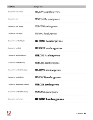Font Name Sample Text 
v1.3 • May 14 2014 43 
Chaparral Pro Italic Caption HERONS hamburgevons 
Chaparral Pro Italic HERONS hamburgevons 
Chaparral Pro Italic Subhead HERONS hamburgevons 
Chaparral Pro Italic Display HERONS hamburgevons 
Chaparral Pro Semibold Caption HERONS hamburgevons 
Chaparral Pro Semibold HERONS hamburgevons 
Chaparral Pro Semibold Subhead HERONS hamburgevons 
Chaparral Pro Semibold Display HERONS hamburgevons 
Chaparral Pro Semibold Italic Caption HERONS hamburgevons 
Chaparral Pro Semibold Italic HERONS hamburgevons 
Chaparral Pro Semibold Italic Subhead HERONS hamburgevons 
Chaparral Pro Semibold Italic Display HERONS hamburgevons 
Chaparral Pro Bold Caption HERONS hamburgevons 
 