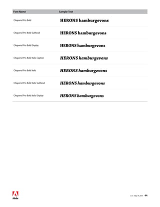 Font Name Sample Text 
v1.3 • May 14 2014 44 
Chaparral Pro Bold HERONS hamburgevons 
Chaparral Pro Bold Subhead HERONS hamburgevons 
Chaparral Pro Bold Display HERONS hamburgevons 
Chaparral Pro Bold Italic Caption HERONS hamburgevons 
Chaparral Pro Bold Italic HERONS hamburgevons 
Chaparral Pro Bold Italic Subhead HERONS hamburgevons 
Chaparral Pro Bold Italic Display HERONS hamburgevons 
 