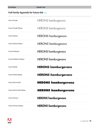 Font Name Sample Text 
v1.3 • May 14 2014 48 
Full Family Appendix for Futura Std Back 
Futura Std Light HERONS hamburgevons 
Futura Std Light Oblique HERONS hamburgevons 
Futura Std Book HERONS hamburgevons 
Futura Std Book Oblique HERONS hamburgevons 
Futura Std Medium HERONS hamburgevons 
Futura Std Medium Oblique HERONS hamburgevons 
Futura Std Bold HERONS hamburgevons 
Futura Std Bold Oblique HERONS hamburgevons 
Futura Std Extra Bold HERONS hamburgevons 
Futura Std Extra Bold Oblique HERONS hamburgevons 
Futura Std Heavy HERONS hamburgevons 
Futura Std Heavy Oblique HERONS hamburgevons 
 