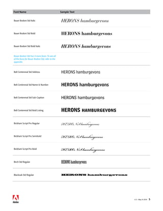 Font Name Sample Text 
v1.3 • May 14 2014 5 
Bauer Bodoni Std Italic HERONS hamburgevons 
Bauer Bodoni Std Bold HERONS hamburgevons 
Bauer Bodoni Std Bold Italic HERONS hamburgevons 
Bauer Bodoni Std has 4 more faces. To see all 
of the faces for Bauer Bodoni Std, refer to the 
appendix 
Bell Centennial Std Address HERONS hamburgevons 
Bell Centennial Std Name  Number HERONS hamburgevons 
Bell Centennial Std Sub-Caption HERONS hamburgevons 
Bell Centennial Std Bold Listing HERONS hamburgevons 
Bickham Script Pro Regular HERONS hamburgevons 
Bickham Script Pro Semibold HERONS hamburgevons 
Bickham Script Pro Bold HERONS hamburgevons 
Birch Std Regular HERONS hamburgevons 
Blackoak Std Regular HERONS hamburgevons 
 