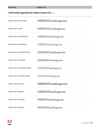 Font Name Sample Text 
v1.3 • May 14 2014 54 
Full Family Appendix for Adobe Jenson Pro Back 
Adobe Jenson Pro Light Caption HERONS hamburgevons 
Adobe Jenson Pro Light HERONS hamburgevons 
Adobe Jenson Pro Light Subhead HERONS hamburgevons 
Adobe Jenson Pro Light Display HERONS hamburgevons 
Adobe Jenson Pro Light Italic Caption HERONS hamburgevons 
Adobe Jenson Pro Light Italic HERONS hamburgevons 
Adobe Jenson Pro Light Italic Subhead HERONS hamburgevons 
Adobe Jenson Pro Light Italic Display HERONS hamburgevons 
Adobe Jenson Pro Caption HERONS hamburgevons 
Adobe Jenson Pro Regular HERONS hamburgevons 
Adobe Jenson Pro Subhead HERONS hamburgevons 
Adobe Jenson Pro Display HERONS hamburgevons 
 
