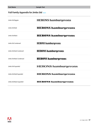 Font Name Sample Text 
v1.3 • May 14 2014 57 
Full Family Appendix for Jimbo Std Back 
Jimbo Std Regular HERONS hamburgevons 
Jimbo Std Bold HERONS hamburgevons 
Jimbo Std Black HERONS hamburgevons 
Jimbo Std Condensed HERONS hamburgevons 
Jimbo Std Bold Condensed HERONS hamburgevons 
Jimbo Std Black Condensed HERONS hamburgevons 
Jimbo Std Expanded HERONS hamburgevons 
Jimbo Std Bold Expanded HERONS hamburgevons 
Jimbo Std Black Expanded HERONS hamburgevons 
 