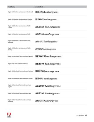 Font Name Sample Text 
v1.3 • May 14 2014 65 
Kepler Std Medium Semicondensed Subhead HERONS hamburgevons 
Kepler Std Medium Semicondensed Display HERONS hamburgevons 
Kepler Std Medium Semicondensed Italic 
Caption HERONS hamburgevons 
Kepler Std Medium Semicondensed Italic HERONS hamburgevons 
Kepler Std Medium Semicondensed Italic 
Subhead HERONS hamburgevons 
Kepler Std Medium Semicondensed Italic 
Display HERONS hamburgevons 
Kepler Std Semibold Semicondensed Caption HERONS hamburgevons 
Kepler Std Semibold Semicondensed HERONS hamburgevons 
Kepler Std Semibold Semicondensed Subhead HERONS hamburgevons 
Kepler Std Semibold Semicondensed Display HERONS hamburgevons 
Kepler Std Semibold Semicondensed Italic 
Caption HERONS hamburgevons 
Kepler Std Semibold Semicondensed Italic HERONS hamburgevons 
Kepler Std Semibold Semicondensed Italic 
Subhead HERONS hamburgevons 
 