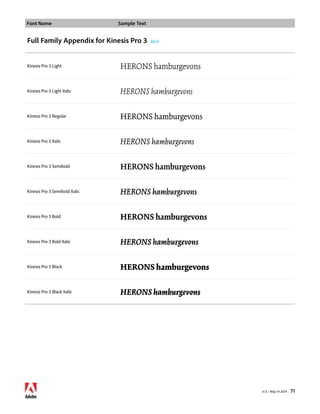 Font Name Sample Text 
v1.3 • May 14 2014 71 
Full Family Appendix for Kinesis Pro 3 Back 
Kinesis Pro 3 Light HERONS hamburgevons 
Kinesis Pro 3 Light Italic HERONS hamburgevons 
Kinesis Pro 3 Regular HERONS hamburgevons 
Kinesis Pro 3 Italic HERONS hamburgevons 
Kinesis Pro 3 Semibold HERONS hamburgevons 
Kinesis Pro 3 Semibold Italic HERONS hamburgevons 
Kinesis Pro 3 Bold HERONS hamburgevons 
Kinesis Pro 3 Bold Italic HERONS hamburgevons 
Kinesis Pro 3 Black HERONS hamburgevons 
Kinesis Pro 3 Black Italic HERONS hamburgevons 
 