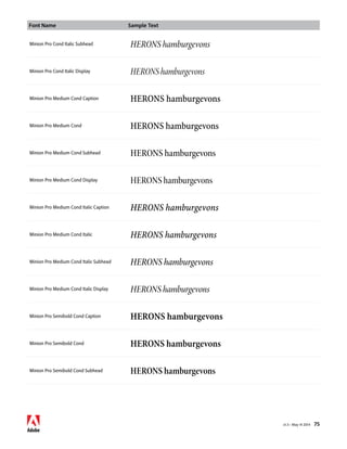 Font Name Sample Text 
v1.3 • May 14 2014 75 
Minion Pro Cond Italic Subhead HERONS hamburgevons 
Minion Pro Cond Italic Display HERONS hamburgevons 
Minion Pro Medium Cond Caption HERONS hamburgevons 
Minion Pro Medium Cond HERONS hamburgevons 
Minion Pro Medium Cond Subhead HERONS hamburgevons 
Minion Pro Medium Cond Display HERONS hamburgevons 
Minion Pro Medium Cond Italic Caption HERONS hamburgevons 
Minion Pro Medium Cond Italic HERONS hamburgevons 
Minion Pro Medium Cond Italic Subhead HERONS hamburgevons 
Minion Pro Medium Cond Italic Display HERONS hamburgevons 
Minion Pro Semibold Cond Caption HERONS hamburgevons 
Minion Pro Semibold Cond HERONS hamburgevons 
Minion Pro Semibold Cond Subhead HERONS hamburgevons 
 