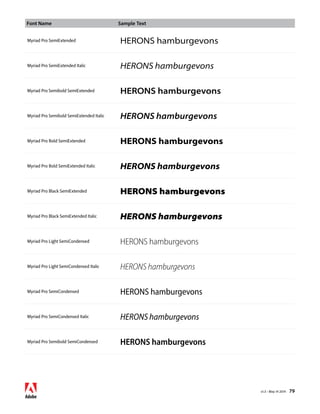 Font Name Sample Text 
v1.3 • May 14 2014 79 
Myriad Pro SemiExtended HERONS hamburgevons 
Myriad Pro SemiExtended Italic HERONS hamburgevons 
Myriad Pro Semibold SemiExtended HERONS hamburgevons 
Myriad Pro Semibold SemiExtended Italic HERONS hamburgevons 
Myriad Pro Bold SemiExtended HERONS hamburgevons 
Myriad Pro Bold SemiExtended Italic HERONS hamburgevons 
Myriad Pro Black SemiExtended HERONS hamburgevons 
Myriad Pro Black SemiExtended Italic HERONS hamburgevons 
Myriad Pro Light SemiCondensed HERONS hamburgevons 
Myriad Pro Light SemiCondensed Italic HERONS hamburgevons 
Myriad Pro SemiCondensed HERONS hamburgevons 
Myriad Pro SemiCondensed Italic HERONS hamburgevons 
Myriad Pro Semibold SemiCondensed HERONS hamburgevons 
 
