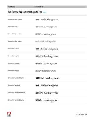 Font Name Sample Text 
v1.3 • May 14 2014 89 
Full Family Appendix for Sanvito Pro Back 
Sanvito Pro Light Caption HERONS hamburgevons 
Sanvito Pro Light HERONS hamburgevons 
Sanvito Pro Light Subhead HERONS hamburgevons 
Sanvito Pro Light Display HERONS hamburgevons 
Sanvito Pro Caption HERONS hamburgevons 
Sanvito Pro Regular HERONS hamburgevons 
Sanvito Pro Subhead HERONS hamburgevons 
Sanvito Pro Display HERONS hamburgevons 
Sanvito Pro Semibold Caption HERONS hamburgevons 
Sanvito Pro Semibold HERONS hamburgevons 
Sanvito Pro Semibold Subhead HERONS hamburgevons 
Sanvito Pro Semibold Display HERONS hamburgevons 
 