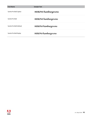 Font Name Sample Text 
v1.3 • May 14 2014 90 
Sanvito Pro Bold Caption HERONS hamburgevons 
Sanvito Pro Bold HERONS hamburgevons 
Sanvito Pro Bold Subhead HERONS hamburgevons 
Sanvito Pro Bold Display HERONS hamburgevons 
 