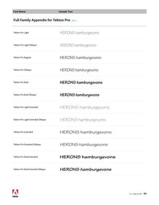 Font Name Sample Text 
v1.3 • May 14 2014 94 
Full Family Appendix for Tekton Pro Back 
Tekton Pro Light HERONS hamburgevons 
Tekton Pro Light Oblique HERONS hamburgevons 
Tekton Pro Regular HERONS hamburgevons 
Tekton Pro Oblique HERONS hamburgevons 
Tekton Pro Bold HERONS hamburgevons 
Tekton Pro Bold Oblique HERONS hamburgevons 
Tekton Pro Light Extended HERONS hamburgevons 
Tekton Pro Light Extended Oblique HERONS hamburgevons 
Tekton Pro Extended HERONS hamburgevons 
Tekton Pro Extended Oblique HERONS hamburgevons 
Tekton Pro Bold Extended HERONS hamburgevons 
Tekton Pro Bold Extended Oblique HERONS hamburgevons 
 