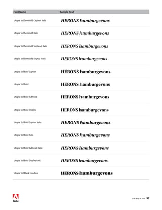 Font Name Sample Text 
v1.3 • May 14 2014 97 
Utopia Std Semibold Caption Italic HERONS hamburgevons 
Utopia Std Semibold Italic HERONS hamburgevons 
Utopia Std Semibold Subhead Italic HERONS hamburgevons 
Utopia Std Semibold Display Italic HERONS hamburgevons 
Utopia Std Bold Caption HERONS hamburgevons 
Utopia Std Bold HERONS hamburgevons 
Utopia Std Bold Subhead HERONS hamburgevons 
Utopia Std Bold Display HERONS hamburgevons 
Utopia Std Bold Caption Italic HERONS hamburgevons 
Utopia Std Bold Italic HERONS hamburgevons 
Utopia Std Bold Subhead Italic HERONS hamburgevons 
Utopia Std Bold Display Italic HERONS hamburgevons 
Utopia Std Black Headline HERONS hamburgevons 
 