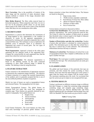 IJRET: International Journal of Research in Engineering and Technology eISSN: 2319-1163 | pISSN: 2321-7308
_______________________________________________________________________________________
Volume: 03 Issue: 03 | Mar-2014, Available @ http://www.ijret.org 515
Skew Correction: Due to the possibility of rotation of the
input image and the sensitivity of many document image
analysis methods to rotation of the image, document skew
should be corrected.
Shiro Rekha Removal: The Shiro rekha removal based on
horizontal projection. Where projection start from 1st row to
last row In the projection profile where we get the pixels
almost equal to the width of the word or above some threshold
value, than these row are considered as shiro rekha
3. SEGMENTATION
Segmentation is a process that determines the constituents of
an image.Applied to text; segmentation is the isolation of
characters or words. In the approach segmentation is
performed by isolating each connected component that is each
connected black area. This technique is easy to implement, but
problems occur if characters touch or if characters are
fragmented and consist of several parts. The two types of
segmentation done are:
Word Segmentation: Approach is based on the white space
separating the two adjacent words in the segmented lines.
Compute the vertical profile for each segmented line, find the
points from which the word starts and ends.
Character Segmentation: The character segmentation is
based on the labeling concept. In this each connected
component in shiro rekha removed image is labeled by
number. The labeling is done by using Recursion.
4. FEATURE EXTRACTION
Feature extraction is the identification of appropriate measures
to characterize the component images distinctly. The objective
of feature extraction is to capture the essential characteristics
of the symbols, and it is generally accepted that this is one of
the most difficult problems of pattern recognition.
Mainly two type of feature are used as typographical feature
and structural feature. The typographical are two types.
Global Typographical Feature:- The global feature are
extracted from text entity like word, line, paragraph or
complete page. These features are generally detected by non-
experts in typography. Some global features are
 Height of line.
 Word orientation.
 Word spacing.
 Word Height.
 Word width.
 Aspect ratio.
Local Feature Extraction:- The Local features are those that
need extra knowledge of previous global features .Local
feature extraction is done from individual letters. The features
are based on characters:
 Slope (roman, italic)
 Width (normal, expanded, condensed)
 Pixel Density (Vertical line, Shiro rekha)
 Based on Character Spacing.
 Thickness of Shiro rekha.
 Size of vertical line.
Various feature extracted are discussed as follow:
Vertical Line Identification: The vertical line identifies after
character segmentation. The vertical projection used for this.
The Colum in which the numbers of black pixels are greater
than threshold value or almost equal to the height of character
than that row considered as vertical line.
Number of Pixels before and after the vertical line: Number
of pixels after and before is calculated by vertical projection
profile. This information gives us that ether the vertical line is
full stop or vertical line of some character. This information
differentiates between full stop or character.
Thickness of vertical line: The thickness of vertical line is one
of typographical feature that is helpful to differentiate one font
type to another font type.
Word Space: The word space is another typographical feature
to identify the font type. The vertical projection can easily give
the word space.
5. CLASSIFICATION
The global and local features of the particular font type are
extracted, and then trained the system according to these
features. Next time when the input image gave to the system, it
again finds the feature and compare with the trained values.
The maximum matching gives the result. For un-trained font
type the system just gives output as non-recognized font type.
6. TESTING RESULTS
Testing is performed on different erroneous image on different
font type’s Images, i.e. single line containing image, paragraph
containing image and complete page containing image.
Accuracy achieved was 96%,for Marathi-Vakra and Prem
chand ki kahaniyan,98% for Shusha05 and Devanagri New and
100% for Shusha02.The final results are given below in table:
Table 2 Testing Table
 