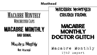 Masthead
Macabre
Monthly
Winchester Caps
Macabre Monthly
Bad Signal
Macabre Monthly
Macabre Monthly
Creaky Frank
Macabre Monthly
Doctor Glitch
Macabre Monthly
1942 Report
 