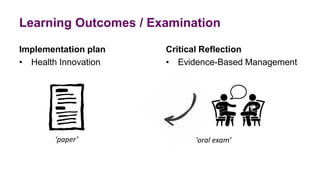 Learning Outcomes / Examination
Implementation plan
• Health Innovation
Critical Reflection
• Evidence-Based Management
‘paper’ ‘oral exam’
 