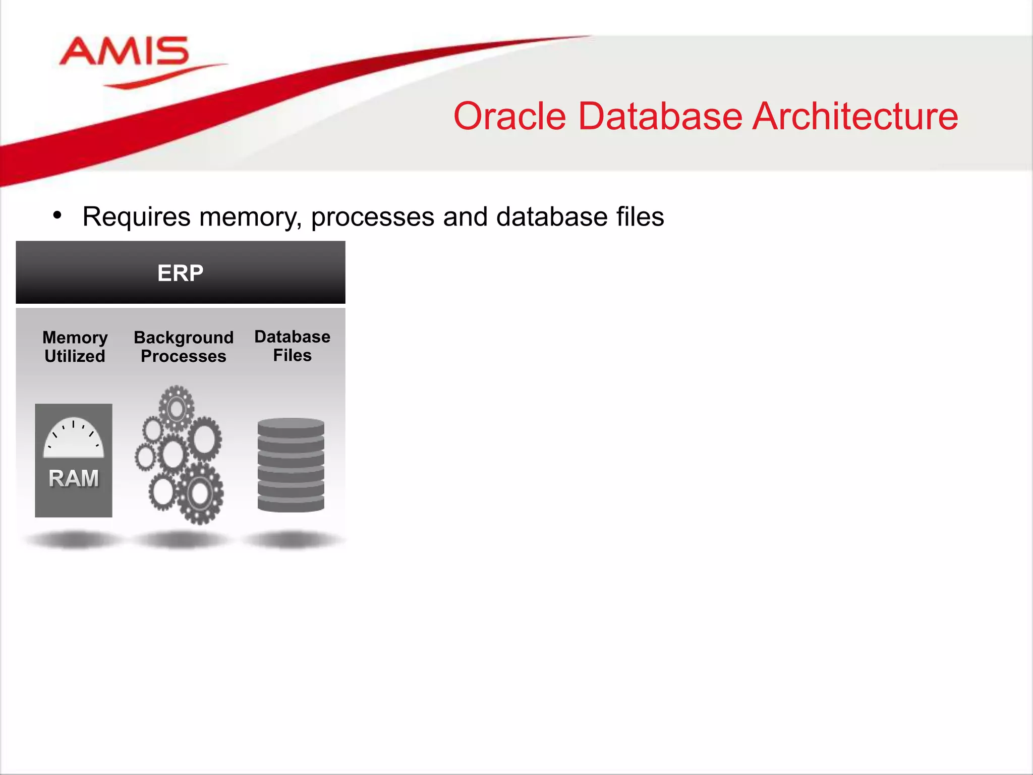 Oracle Database Architecture
• Requires memory, processes and database files
ERP
Database
Files
Background
Processes
Memory
Utilized
 