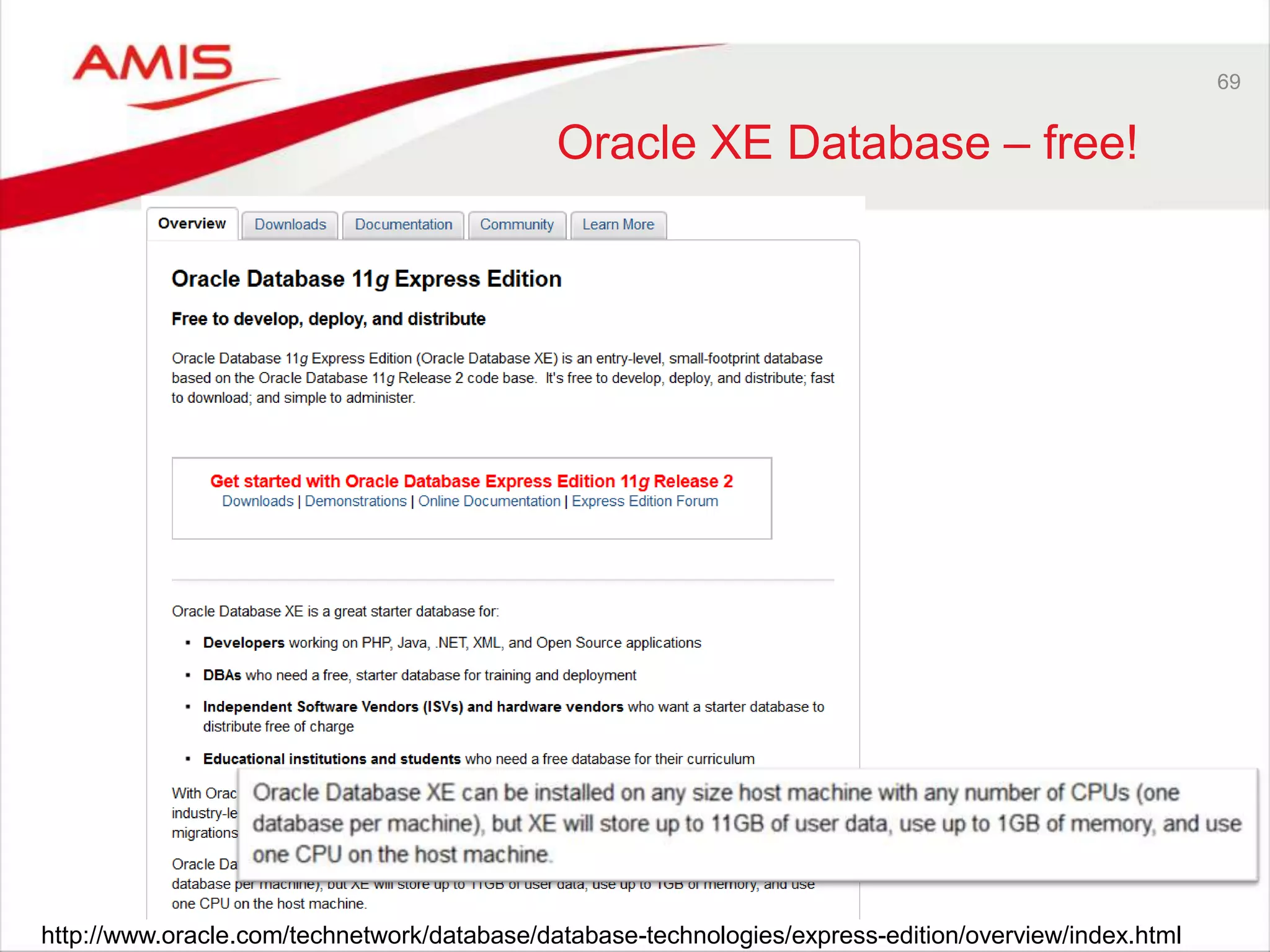 69
Oracle XE Database – free!
http://www.oracle.com/technetwork/database/database-technologies/express-edition/overview/index.html
 