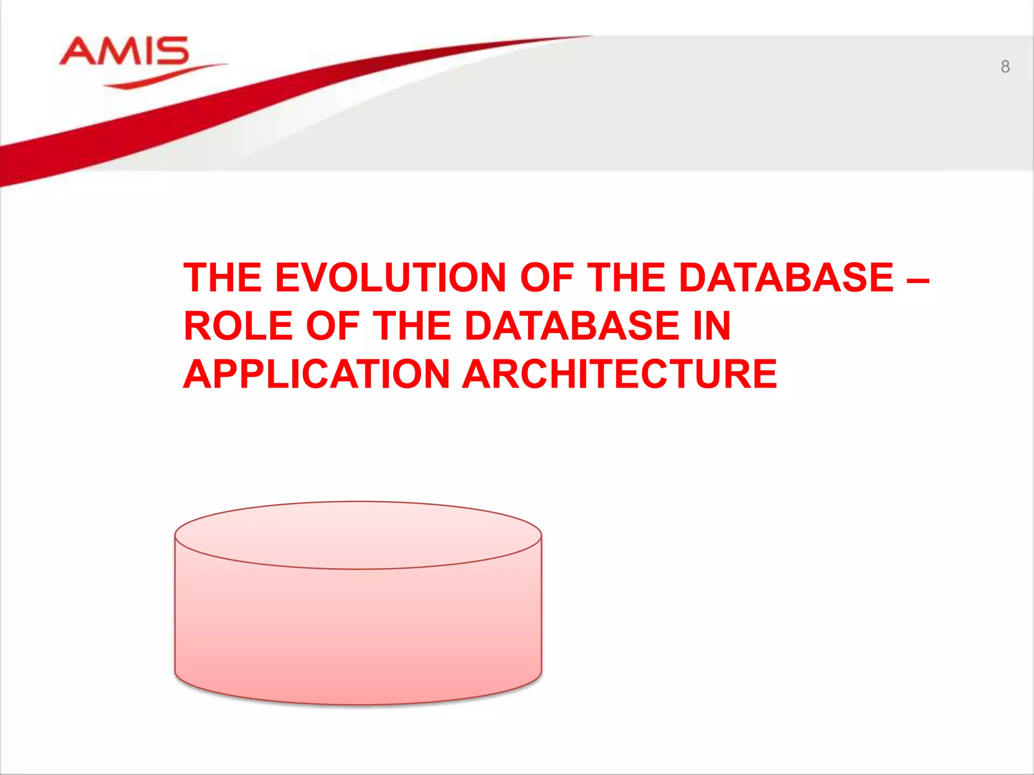 THE EVOLUTION OF THE DATABASE –
ROLE OF THE DATABASE IN
APPLICATION ARCHITECTURE
8
 