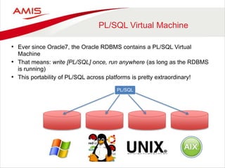 PL/SQL Virtual Machine
• Ever since Oracle7, the Oracle RDBMS contains a PL/SQL Virtual
Machine
• That means: write [PL/SQL] once, run anywhere (as long as the RDBMS
is running)
• This portability of PL/SQL across platforms is pretty extraordinary!
PL/SQL
 