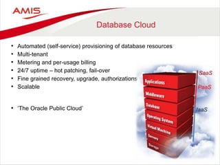 Database Cloud
• Automated (self-service) provisioning of database resources
• Multi-tenant
• Metering and per-usage billing
• 24/7 uptime – hot patching, fail-over
• Fine grained recovery, upgrade, authorizations
• Scalable
• ‘The Oracle Public Cloud’ IaaS
PaaS
SaaS
 