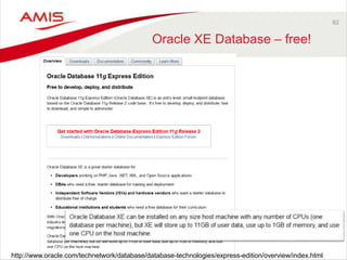 82
Oracle XE Database – free!
http://www.oracle.com/technetwork/database/database-technologies/express-edition/overview/index.html
 