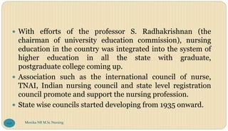  With efforts of the professor S. Radhakrishnan (the
chairman of university education commission), nursing
education in the country was integrated into the system of
higher education in all the state with graduate,
postgraduate college coming up.
 Association such as the international council of nurse,
TNAI, Indian nursing council and state level registration
council promote and support the nursing profession.
 State wise councils started developing from 1935 onward.
Monika NR M.Sc.Nursing
100
 