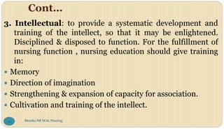 Cont…
3. Intellectual: to provide a systematic development and
training of the intellect, so that it may be enlightened.
Disciplined & disposed to function. For the fulfillment of
nursing function , nursing education should give training
in:
 Memory
 Direction of imagination
 Strengthening & expansion of capacity for association.
 Cultivation and training of the intellect.
Monika NR M.Sc.Nursing
14
 