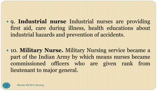  9. Industrial nurse Industrial nurses are providing
first aid, care during illness, health educations about
industrial hazards and prevention of accidents.
 10. Military Nurse. Military Nursing service became a
part of the Indian Army by which means nurses became
commissioned officers who are given rank from
lieutenant to major general.
Monika NR M.Sc.Nursing
38
 