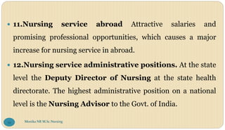  11.Nursing service abroad Attractive salaries and
promising professional opportunities, which causes a major
increase for nursing service in abroad.
 12.Nursing service administrative positions. At the state
level the Deputy Director of Nursing at the state health
directorate. The highest administrative position on a national
level is the Nursing Advisor to the Govt. of India.
Monika NR M.Sc.Nursing
39
 