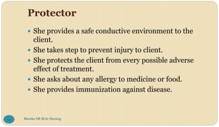 Protector
 She provides a safe conductive environment to the
client.
 She takes step to prevent injury to client.
 She protects the client from every possible adverse
effect of treatment.
 She asks about any allergy to medicine or food.
 She provides immunization against disease.
Monika NR M.Sc.Nursing
44
 