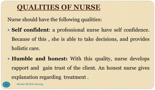 QUALITIES OF NURSE
Nurse should have the following qualities:
 Self confident: a professional nurse have self confidence.
Because of this , she is able to take decisions, and provides
holistic care.
 Humble and honest: With this quality, nurse develops
rapport and gain trust of the client. An honest nurse gives
explanation regarding treatment .
Monika NR M.Sc.Nursing
62
 