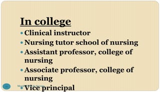 In college
 Clinical instructor
 Nursing tutor school of nursing
 Assistant professor, college of
nursing
 Associate professor, college of
nursing
 Vice principal
Monika NR M.Sc.Nursing
70
 