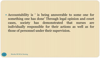  Accountability is ‘ is being answerable to some one for
something one has done’ Through legal opinion and court
cases, society has demonstrated that nurses are
individually responsible for their actions as well as for
those of personnel under their supervision.
Monika NR M.Sc.Nursing
79
 