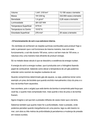 Volume 1,441. 018 km³ 13.106 vezes o terrestre
Massa 191.030 kg 332.959 vezes a terrestre
Densidade 1,4 g/cm³ 0,26 vezes a terrestre
Luminosidade 391.027 KW ---------------------------------
Temperatura Superficial 5770 K ---------------------------------
Temperatura no Centro 15107 K ---------------------------------
Gravidade Superficial 276 m/s² 28 vezes a terrestre
- O funcionamento do sol e sua estrutura interna.
Os cientistas só conheciam as reações químicas (combustão) para produzir fogo e
calor e pensavam que o sol funcionava da mesma maneira, mas com esse
funcionamento, o sol não duraria 100 anos, como o sol tem mais de 100 anos, a
natureza criou uma maneira mais eficiente de produzir energia.
Só na metade desse século é que se descobriu a existência da energia nuclear.
A energia do sol é a energia nuclear, que é produzida com o hidrogênio fazendo
papel de combustível. Sabendo como elevar a temperatura de um gás podemos
entender como ocorrem às reações nucleares do sol.
Quando comprimimos determinado gás ele aquece, ou seja, podemos tomar como
exemplo um pneu de bicicleta que quando enchido manualmente o bico do pneu e o
bico da bomba ficam aquecidos.
Isso acontece, pois o ar(gás) que está dentro da bomba é comprimido pela força que
você faz, e quanto mais compressão tiver, mais quente o bico do pneu e da bomba
ficaram.
Agora imagine o sol que tem a pressão milhares de vezes maior que o da terra.
Sabemos também que quanto maior for a profundidade, maior a pressão, onde
podemos perceber quando mergulhamos em uma piscina, lago ou até mesmo no
mar, com dois ou três metros de profundidade já percebemos a mudança de pressão
em nossos ouvidos.
 