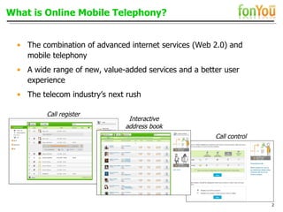 What is Online Mobile Telephony? The combination of advanced internet services (Web 2.0) and mobile telephony A wide range of new, value-added services and a better user experience The telecom industry’s next rush Call register Interactive address book Call control 