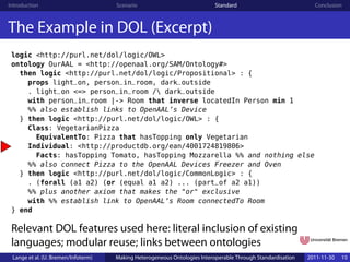 Introduction                         Scenario                              Standard                            Conclusion



The Example in DOL (Excerpt)
 logic <http://purl.net/dol/logic/OWL>
 ontology OurAAL = <http://openaal.org/SAM/Ontology#>
   then logic <http://purl.net/dol/logic/Propositional> : {
     props light_on, person_in_room, dark_outside
     . light_on <=> person_in_room / dark_outside
     with person_in_room |-> Room that inverse locatedIn Person min 1
     %% also establish links to OpenAAL’s Device
   } then logic <http://purl.net/dol/logic/OWL> : {
     Class: VegetarianPizza
       EquivalentTo: Pizza that hasTopping only Vegetarian
     Individual: <http://productdb.org/ean/4001724819806>
       Facts: hasTopping Tomato, hasTopping Mozzarella %% and nothing else
     %% also connect Pizza to the OpenAAL Devices Freezer and Oven
   } then logic <http://purl.net/dol/logic/CommonLogic> : {
     . (forall (a1 a2) (or (equal a1 a2) ... (part_of a2 a1))
     %% plus another axiom that makes the "or" exclusive
     with %% establish link to OpenAAL’s Room connectedTo Room
 } end

 Relevant DOL features used here: literal inclusion of existing
 languages; modular reuse; links between ontologies
 Lange et al. (U. Bremen/Infoterm)   Making Heterogeneous Ontologies Interoperable Through Standardisation   2011-11-30   10
 