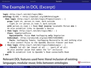 Introduction                         Scenario                              Standard                            Conclusion



The Example in DOL (Excerpt)
 logic <http://purl.net/dol/logic/OWL>
 ontology OurAAL = <http://openaal.org/SAM/Ontology#>
   then logic <http://purl.net/dol/logic/Propositional> : {
     props light_on, person_in_room, dark_outside
     . light_on <=> person_in_room / dark_outside
     with person_in_room |-> Room that inverse locatedIn Person min 1
     %% also establish links to OpenAAL’s Device
   } then logic <http://purl.net/dol/logic/OWL> : {
     Class: VegetarianPizza
       EquivalentTo: Pizza that hasTopping only Vegetarian
     Individual: <http://productdb.org/ean/4001724819806>
       Facts: hasTopping Tomato, hasTopping Mozzarella %% and nothing else
     %% also connect Pizza to the OpenAAL Devices Freezer and Oven
   } then logic <http://purl.net/dol/logic/CommonLogic> : {
     . (forall (a1 a2) (or (equal a1 a2) ... (part_of a2 a1))
     %% plus another axiom that makes the "or" exclusive
     with %% establish link to OpenAAL’s Room connectedTo Room
 } end

 Relevant DOL features used here: literal inclusion of existing
 languages; modular reuse; links between ontologies
 Lange et al. (U. Bremen/Infoterm)   Making Heterogeneous Ontologies Interoperable Through Standardisation   2011-11-30   10
 