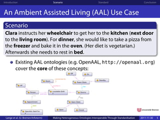 Introduction                         Scenario                              Standard                            Conclusion



An Ambient Assisted Living (AAL) Use Case
 Scenario
 Clara instructs her wheelchair to get her to the kitchen (next door
 to the living room). For dinner, she would like to take a pizza from
 the freezer and bake it in the oven. (Her diet is vegetarian.)
 Afterwards she needs to rest in bed.
          Existing AAL ontologies (e.g. OpenAAL, http://openaal.org)
          cover the core of these concepts:




 Lange et al. (U. Bremen/Infoterm)   Making Heterogeneous Ontologies Interoperable Through Standardisation   2011-11-30     5
 