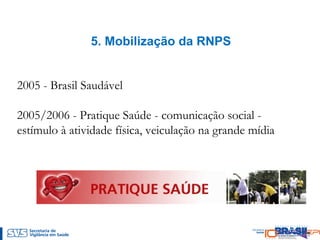 5. Mobilização da RNPS
2005 - Brasil Saudável
2005/2006 - Pratique Saúde - comunicação social -
estímulo à atividade física, veiculação na grande mídia
 