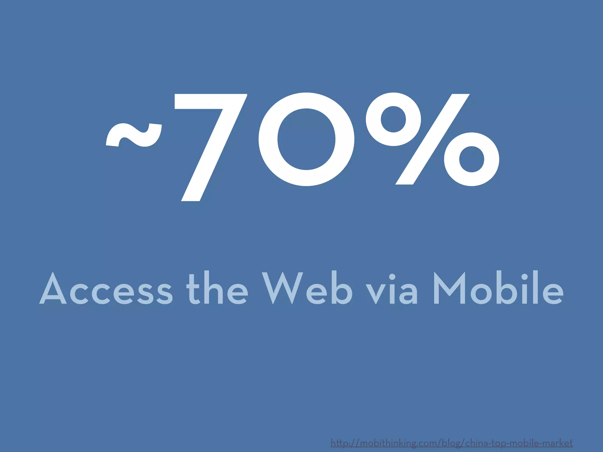 Access the Web via Mobile
~70%
h p://mobithinking.com/blog/china-top-mobile-market
 