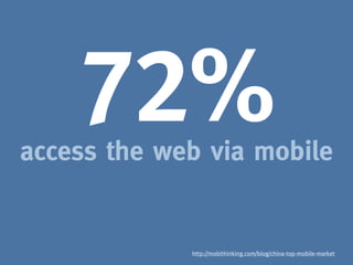 72%
access the web via mobile


             http://mobithinking.com/blog/china-top-mobile-market
 
