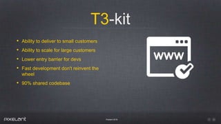 T3-kit
Pixelant 2016
• Ability to deliver to small customers
• Ability to scale for large customers
• Lower entry barrier for devs
• Fast development don't reinvent the
wheel
• 90% shared codebase
 