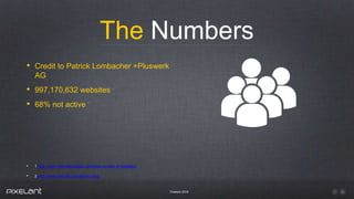 The Numbers
Pixelant 2016
• Credit to Patrick Lombacher +Pluswerk
AG
• 997,170,632 websites 1
• 68% not active 2
• 1 http://www.internetlivestats.com/total-number-of-websites/
• 2 http://www.netcraft.com/active-sites/
 