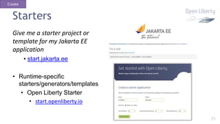 25
Starters
Give me a starter project or
template for my Jakarta EE
application
• start.jakarta.ee
• Runtime-specific
star...