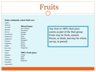 Fruits
Some commonly eaten fruits are:
Apples
Apricots
Avocado         Mixed fruits:
Bananas
                fruit cocktail        Any fruit or 100% fruit juice
                Nectarines
Berries:        Oranges               counts as part of the fruit group.
strawberries    Peaches
blueberries     Pears
                                      Fruits may be fresh, canned,
raspberries     Papaya                frozen, or dried, and may be whole,
                Pineapple
Cherries
                Plums                 cut-up, or pureed.
Grapefruit      Prunes
Grapes          Raisins
Kiwi fruit      Tangerines
Lemons
Limes           100% Fruit juice:
Mangoes         orange
Melons:         apple
                grape
cantaloupe
                grapefruit
honeydew
watermelon
 